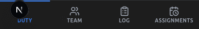 Bottom navigation bar showing Duty, Team, Log, and Assignments tabs