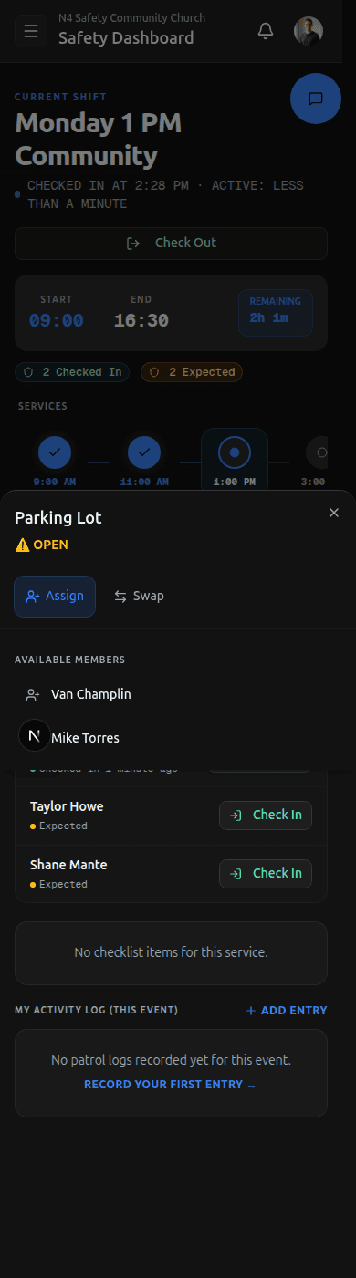 ManagePostSheet — Assign / Swap tabs with available members listed below
