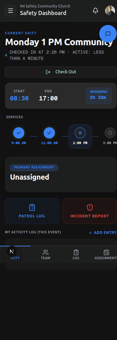 Mobile On-Duty screen — AssignmentCard, ServiceStrip, ActionButtons, and OnDutyChecklist