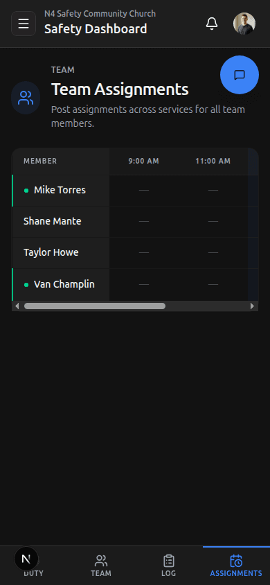 Team Assignments mini-spreadsheet — emerald left border on checked-in members