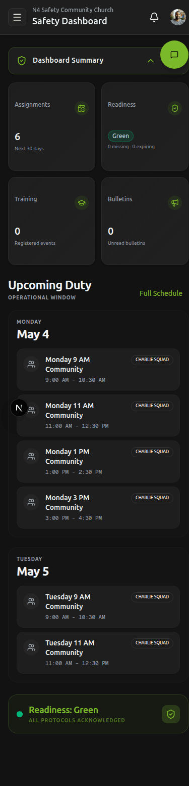 Mobile dashboard with the Dashboard Summary accordion expanded — 2×2 grid of Assignments, Readiness, Training, and Bulletins counts