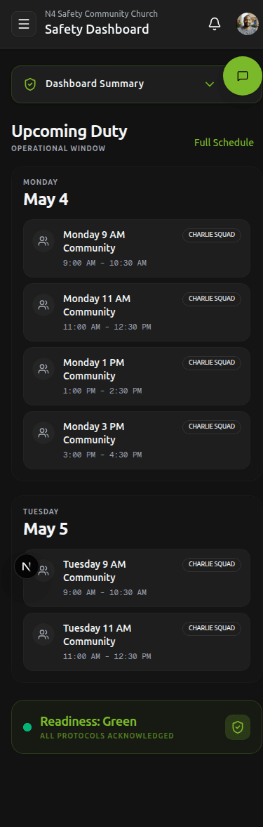 Mobile dashboard — Dashboard Summary accordion, Upcoming Duty grouped by day, and Readiness banner