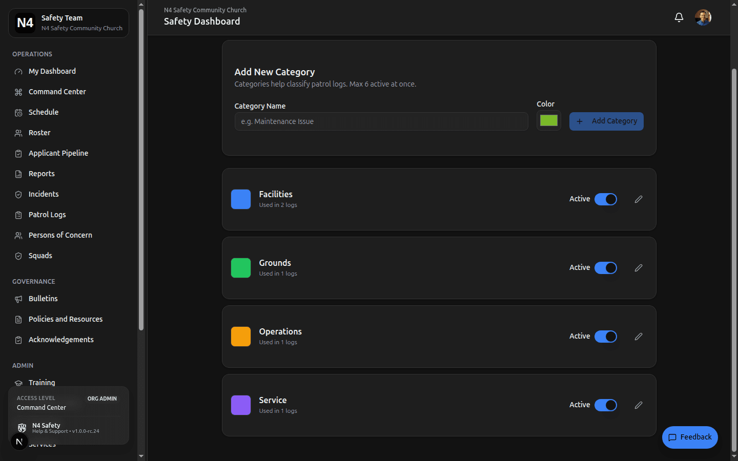 Patrol Log Category manager β Add New Category form and four active categories (Facilities, Grounds, Operations, Service) with color swatches and active toggles