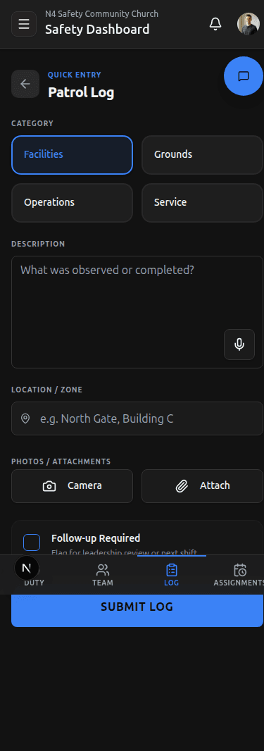 Mobile Patrol Log quick entry — category tiles, description textarea with microphone button, and attachment controls