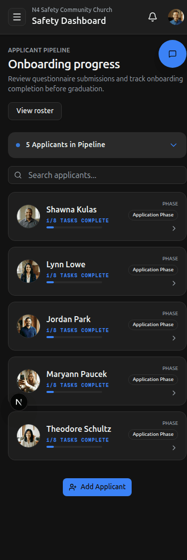 Mobile Applicant Pipeline — collapsible summary accordion and stacked MobileCards with progress bars