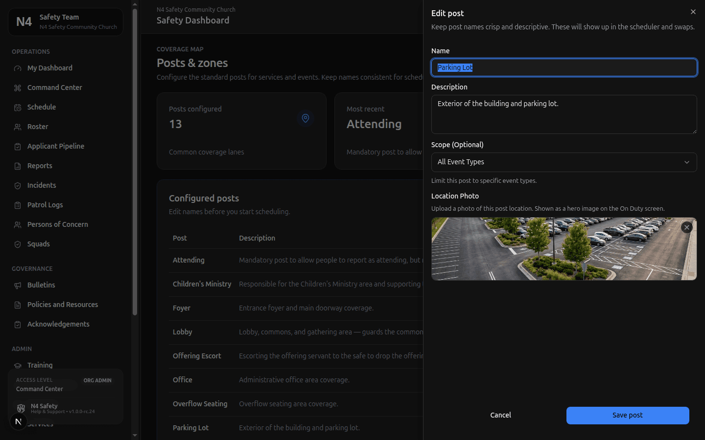 Edit post dialog showing the Location Photo field with an uploaded hero image