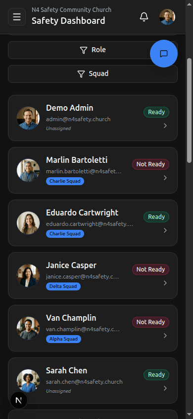 Mobile Roster layout — stacked MobileCards with avatar, name, squad badge, and readiness status