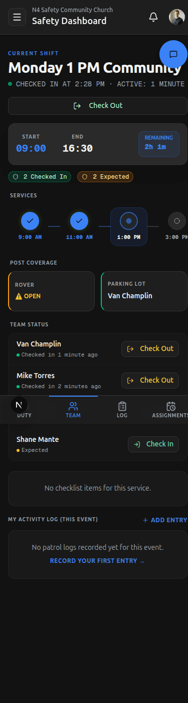 Mobile Team On Duty — CoverageGrid with mix of filled (emerald) and open (amber) posts, below a live check-in counter